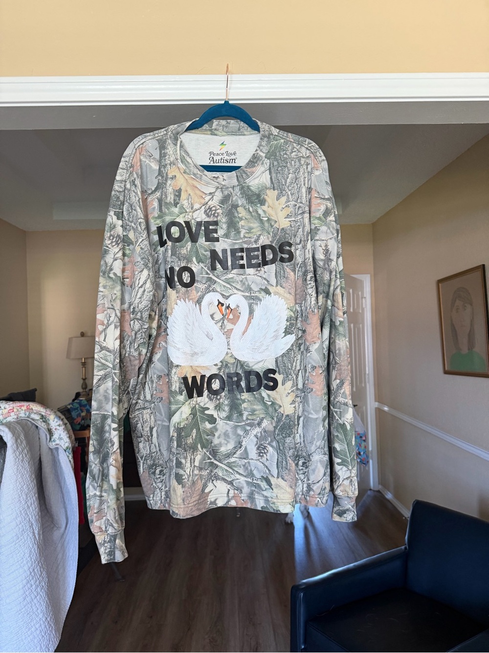Peace love autism love needs no words camo long sleeve shirt PLA swan 2XL